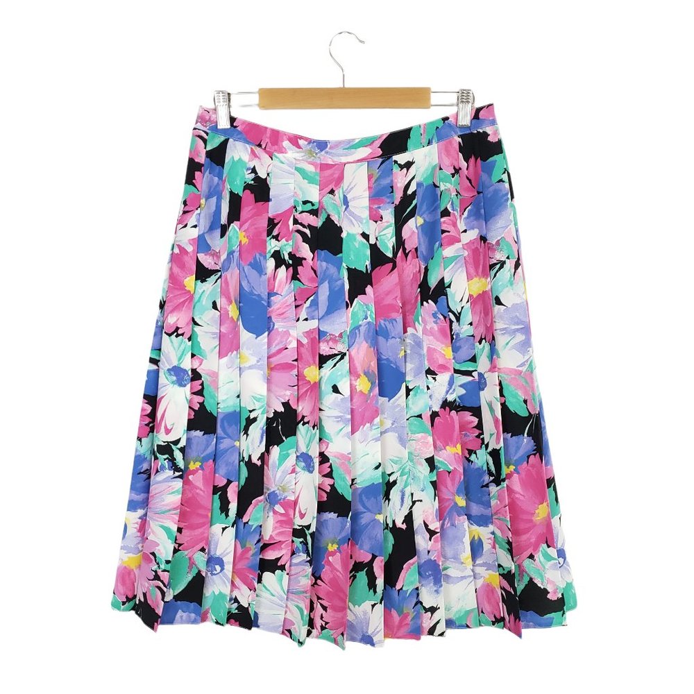 Vintage 80's Diolen Pleated Multicolored Floral A-line Midi Skirt Size Large